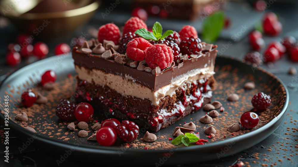 Rich chocolate cake layered with cream, topped with fresh raspberries and blackberries, garnished with mint leaves on a dark plate Rich chocolate cake layered with cream, topped with fresh raspberries and blackberries, garnished with mint leaves on a dark plate