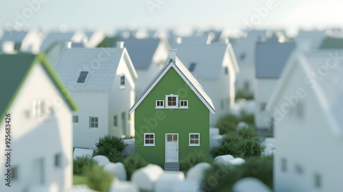 Wallpaper Mural Green house among white houses. Hunting and searching concept. 3D Rendering Torontodigital.ca