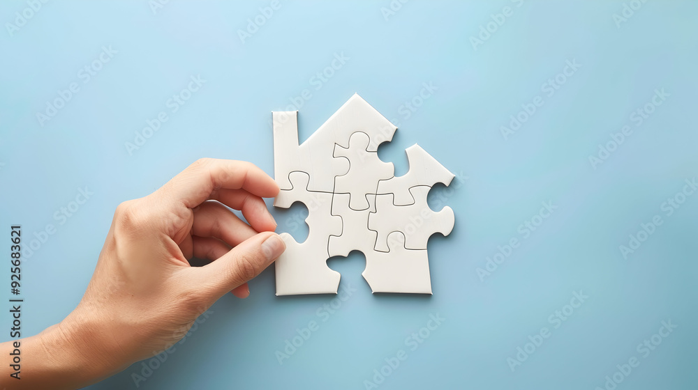 hand holds pieces of white wooden house puzzle isolated on blue background. wooden home made from natural material of jigsaw. puzzle in the form of wood house. for sale or rent. concept of mortgage hand holds pieces of white wooden house puzzle isolated on blue background. wooden home made from natural material of jigsaw. puzzle in the form of wood house. for sale or rent. concept of mortgage