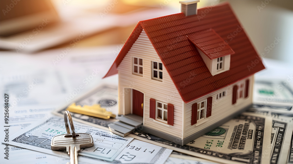 House model and Money, house key lying on real estate contract, home loan and investment concept. House model and Money, house key lying on real estate contract, home loan and investment concept.