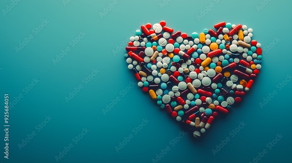 An artistic heart shape made of colorful pills and capsules on a turquoise background. An artistic heart shape made of colorful pills and capsules on a turquoise background.