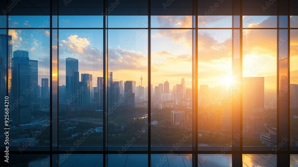 Fototapeta premium Cityscape View Through Window at Sunset.