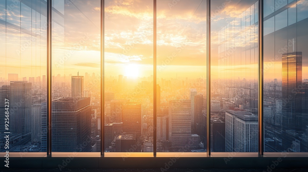 Fototapeta premium City Skyline View from Window at Sunset.
