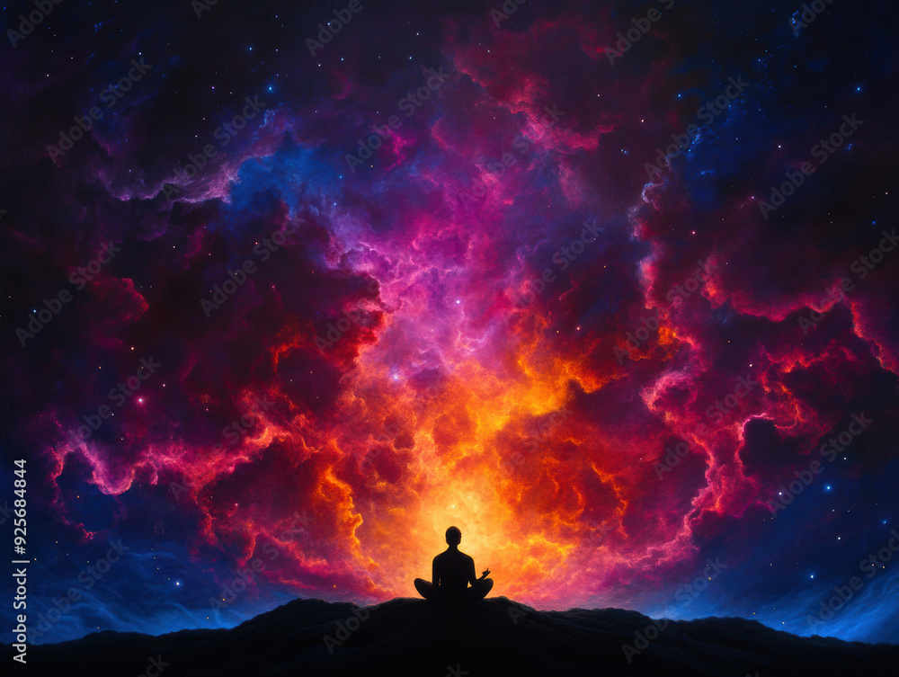Silhouette of a person meditating under a vibrant, colorful cosmic sky, creating a serene and introspective atmosphere. Silhouette of a person meditating under a vibrant, colorful cosmic sky, creating a serene and introspective atmosphere.