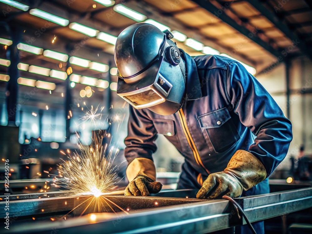 Focused worker in protective gear and helmet welding metal pieces together, sparks flying, in a well-lit industrial workshop with tools and equipment background. Focused worker in protective gear and helmet welding metal pieces together, sparks flying, in a well-lit industrial workshop with tools and equipment background.