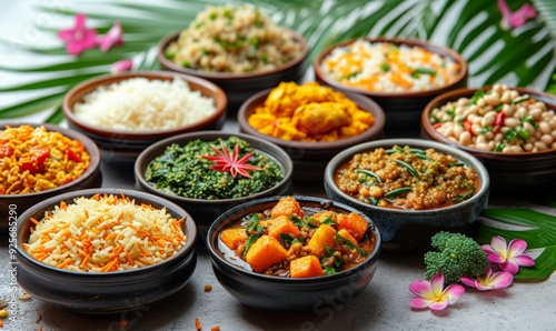 Assorted indian food on palm leaves background. Bowls with different dishes of indian cuisine. Pilaf, butter chicken curry, rice, palak paneer. Puja ceremony. Diwali, Ugadi, Gudi Padwa 