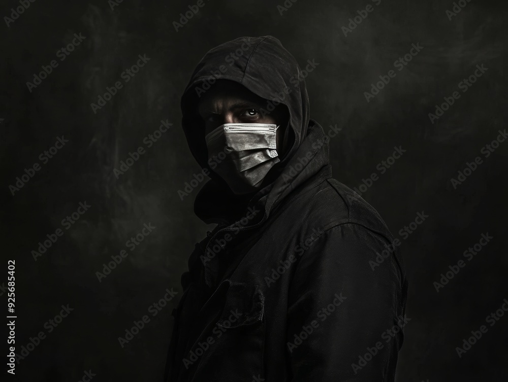 Portrait of a man in dark attire with a medical mask on his face for safety and protection Portrait of a man in dark attire with a medical mask on his face for safety and protection