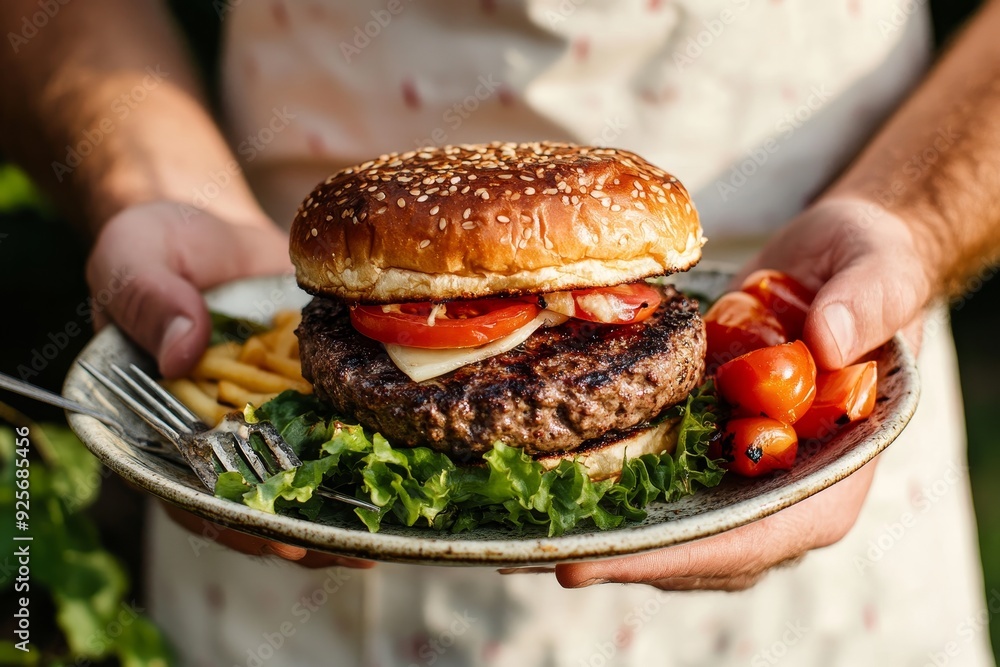 Man holding homemade grilled burger on plate with cutlery at outdoor barbecue, copyspace banner Man holding homemade grilled burger on plate with cutlery at outdoor barbecue, copyspace banner