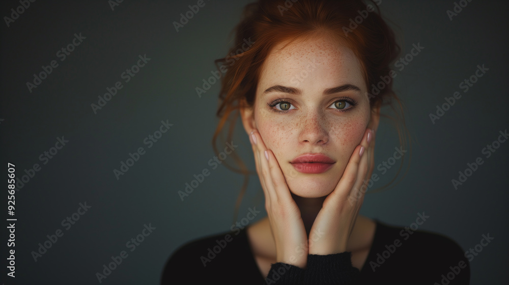 A beautiful red-haired woman with freckles, has a toothache and gently holding her face with both hands. She has a calm expression and stands against a dark background. A beautiful red-haired woman with freckles, has a toothache and gently holding her face with both hands. She has a calm expression and stands against a dark background.