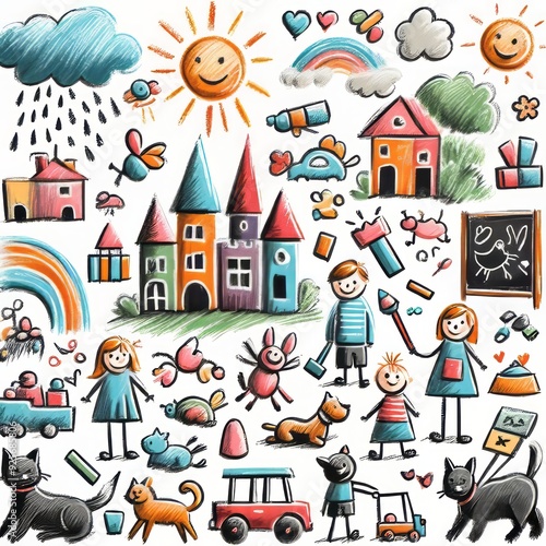 Colorful hand-drawn children's doodles of family, houses, cats, and playful scenes with bright skies and rainbows.