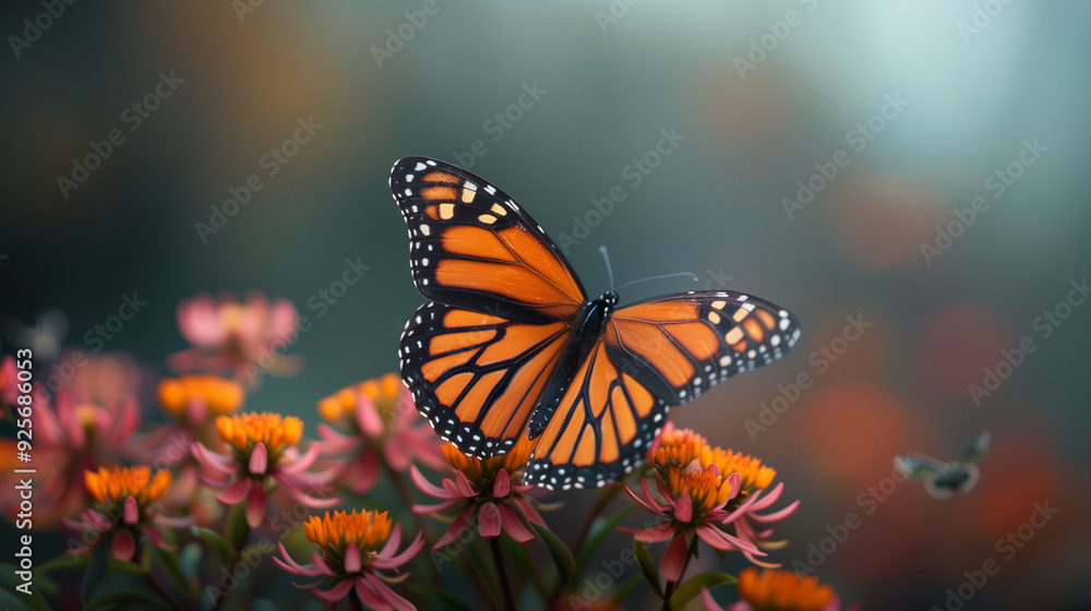 Fototapeta premium A close-up of a butterfly with intricate wing patterns resting on a colorful autumn flower, set against a blurred background.