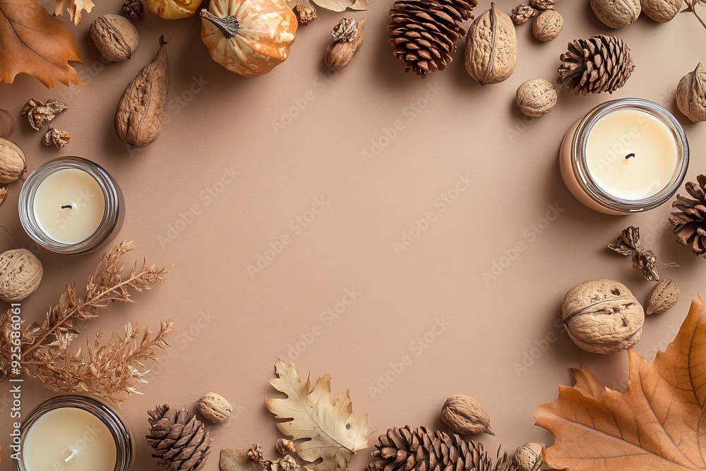 Autumnal flat lay on craft paper with candles, walnuts, cones for fall and thanksgiving concepts Autumnal flat lay on craft paper with candles, walnuts, cones for fall and thanksgiving concepts