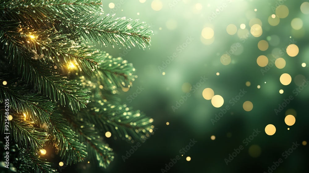 Elegant Festive Pine Branches with Golden Lights, Bokeh Effect Background for Christmas and New Year Celebrations, Abstract Nature Design with Space for Text and Web Banners Elegant Festive Pine Branches with Golden Lights, Bokeh Effect Background for Christmas and New Year Celebrations, Abstract Nature Design with Space for Text and Web Banners