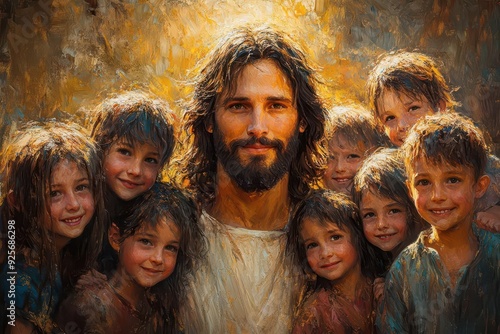 oil paintingstyle illustration of jesus christ surrounded by joyful children with warm golden light and impressionistic brushstrokes creating a sense of divine love and innocence photo