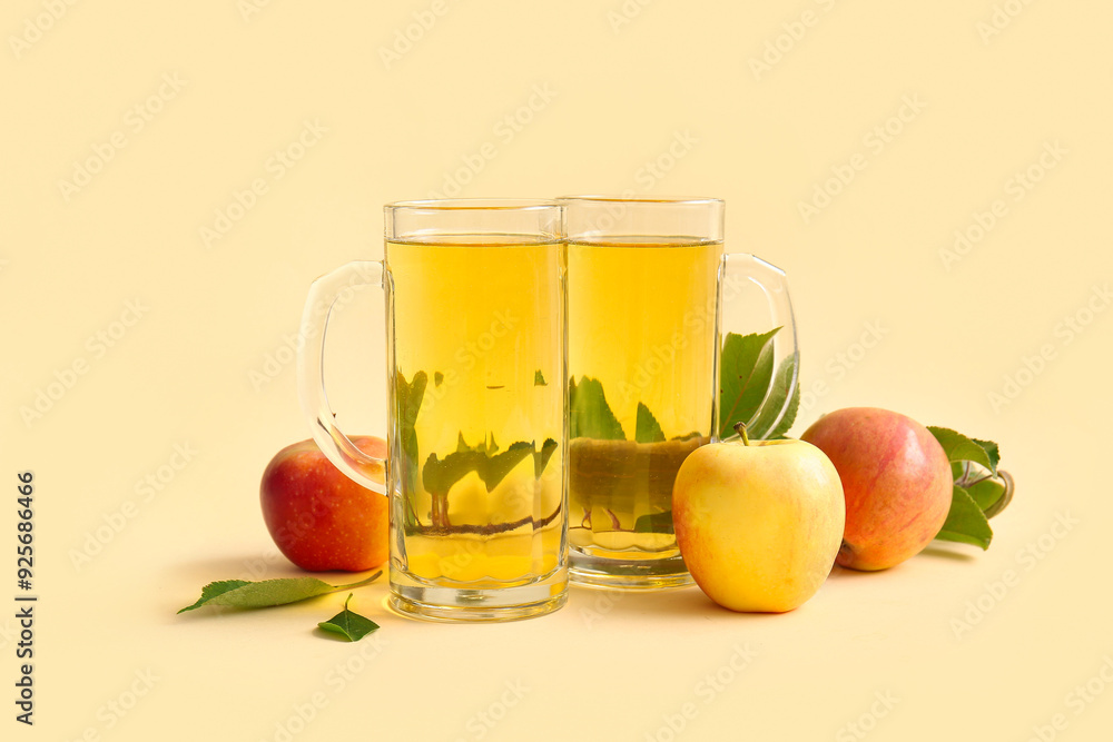 Composition with fruits and glasses of fresh apple cider on yellow background Composition with fruits and glasses of fresh apple cider on yellow background