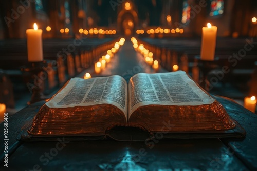 open bible with glowing light in dimly lit church spiritual ambiance faithfocused composition photo