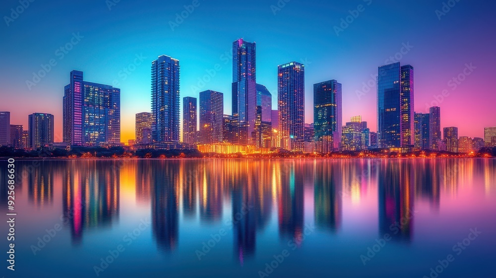 Fototapeta premium City Skyline Reflection in Water at Dusk.