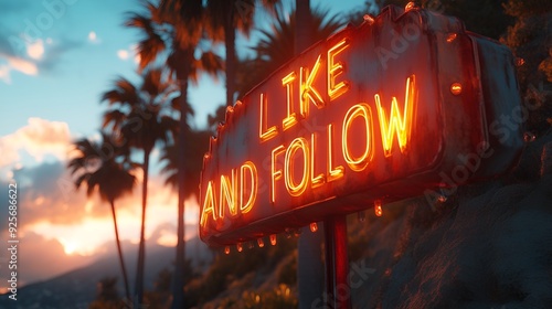 Sign that reads “LIKE AND FOLLOW” - neon lights - in the iconic style of a famous mountain sign - dramatic - low angle shot 