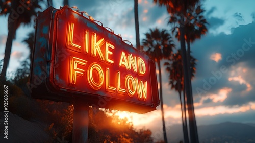 Sign that reads “LIKE AND FOLLOW” - neon lights - in the iconic style of a famous mountain sign - dramatic - low angle shot 