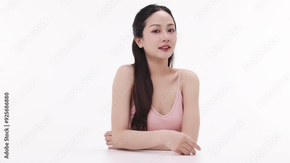 Beautiful young Asian woman with healthy facial skin isolated over white background for skincare commercial product advertising. Slow motion shot. Beautiful young Asian woman with healthy facial skin isolated over white background for skincare commercial product advertising. Slow motion shot.