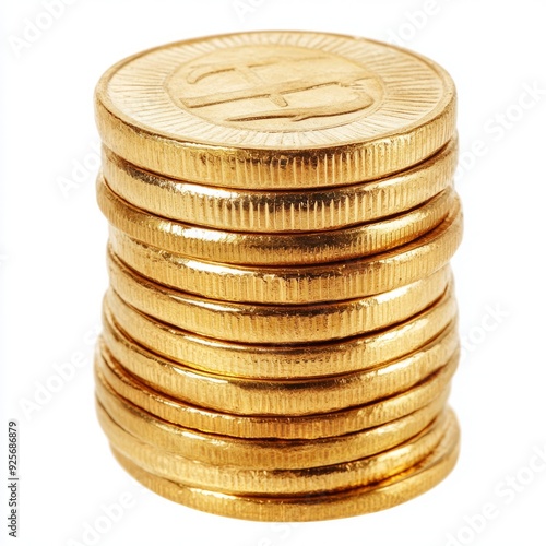 Close up of gold coin stack on an isolated white background