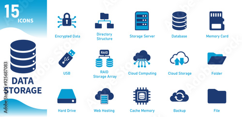 Data storage icon. Set of storage technology icons, hard drive, server, cloud computing, database, internet. Solid vector icons.