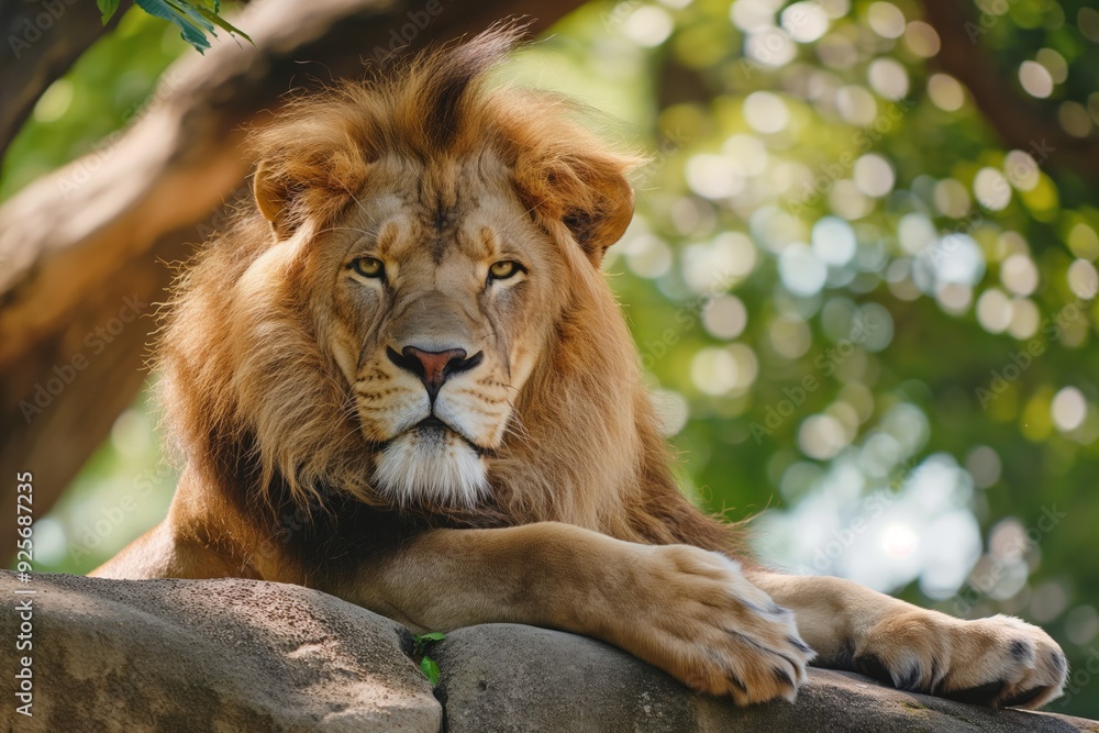 Majestic lion resting on rock in lush green environment