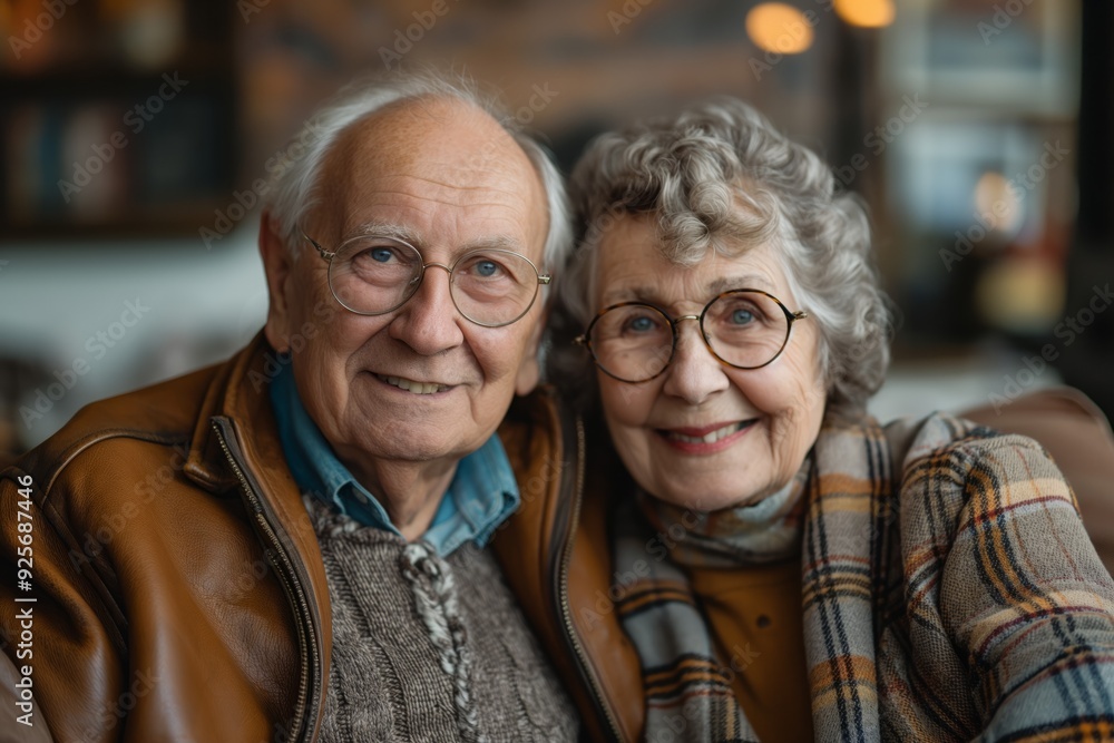 Happy senior couple smiling together in indoor portrait Happy senior couple smiling together in indoor portrait