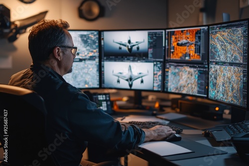 Aeronautical engineer analyzing aircraft designs on multiple screens in high tech office