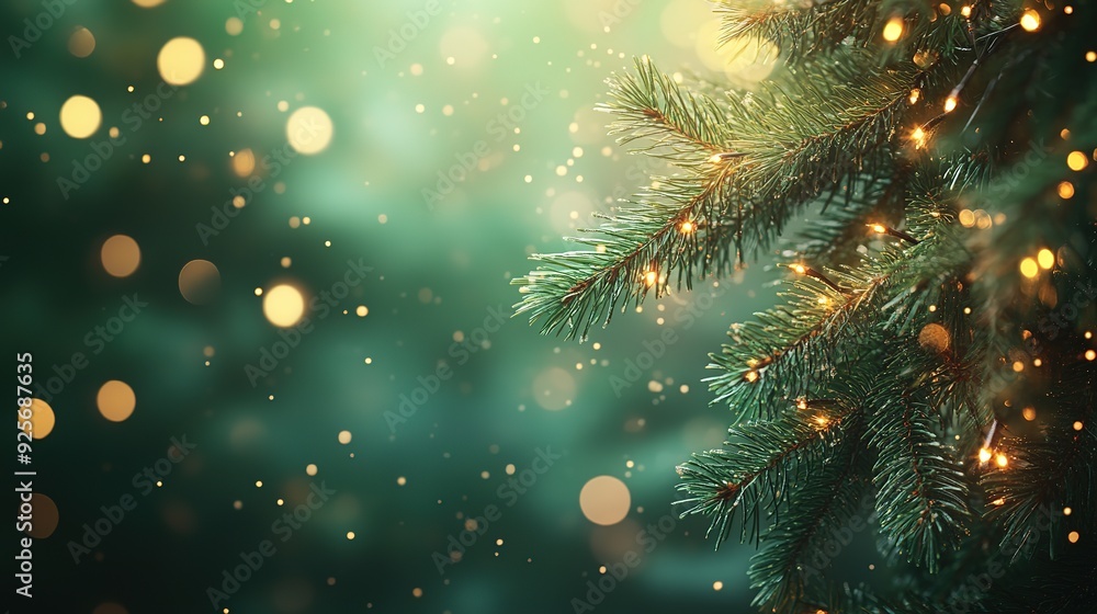 Elegant Festive Pine Branches with Golden Lights, Bokeh Effect Background for Christmas and New Year Celebrations, Abstract Nature Design with Space for Text and Web Banners Elegant Festive Pine Branches with Golden Lights, Bokeh Effect Background for Christmas and New Year Celebrations, Abstract Nature Design with Space for Text and Web Banners
