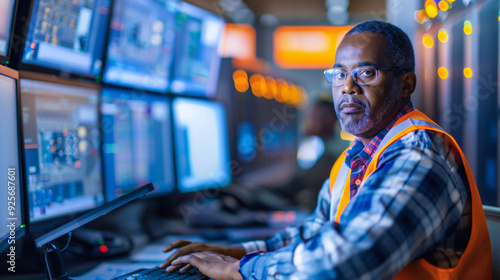 Engineer Monitoring Data on Multiple Screens in Control Room