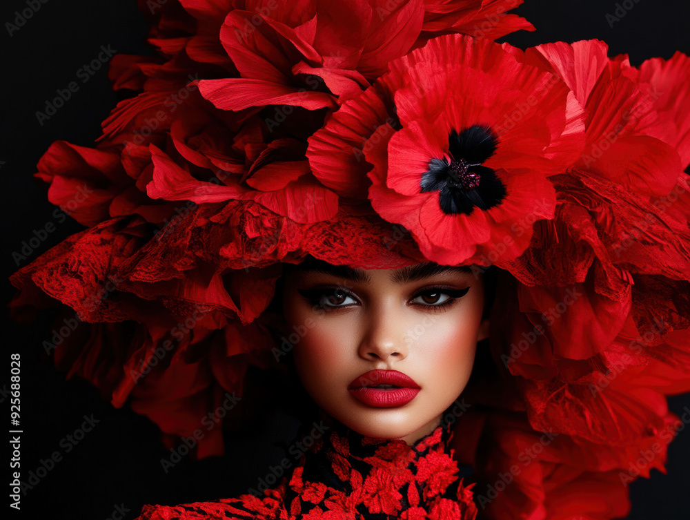 Stunning portrait of a woman wearing an elaborate red floral hat and bold makeup, set against a dark background. Stunning portrait of a woman wearing an elaborate red floral hat and bold makeup, set against a dark background.