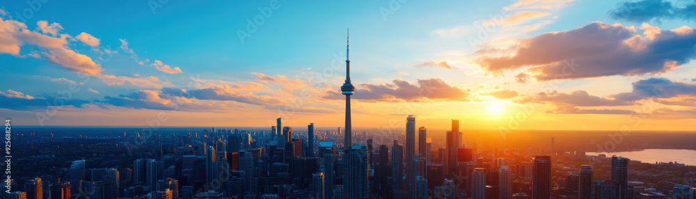 Obraz premium Stunning sunset over city skyline with iconic tower and skyscrapers, vibrant colors and dramatic clouds creating breathtaking urban scenery.