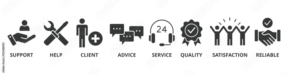 Customer care banner web icon vector illustration concept for customer support and telemarketing service with an icon of help, client, advice, chat, service, reliability, quality, and satisfaction Customer care banner web icon vector illustration concept for customer support and telemarketing service with an icon of help, client, advice, chat, service, reliability, quality, and satisfaction