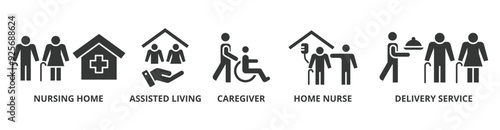 Elderly care banner web icon vector illustration concept for elder people support with an icon of caregiver, nursing home, assisted living, home nurse and delivery service