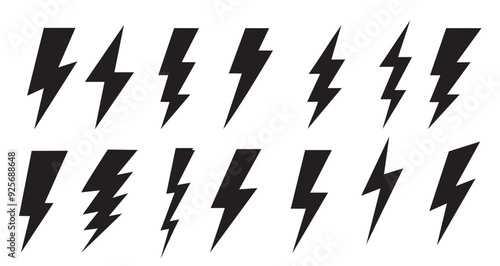 Lightning bolt icons set isolated on white background. Black flash symbol, thunderbolt vector illustration. Simple lightning strike sign