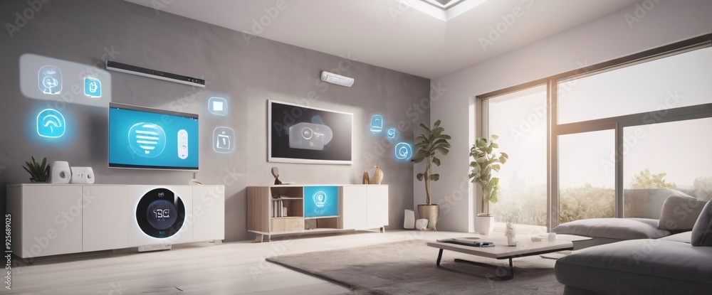 illustrate the concept of the Internet of Things with an image of a smart home, featuring various connected devices and appliances, shot from a low angle with a wide-angle lens illustrate the concept of the Internet of Things with an image of a smart home, featuring various connected devices and appliances, shot from a low angle with a wide-angle lens