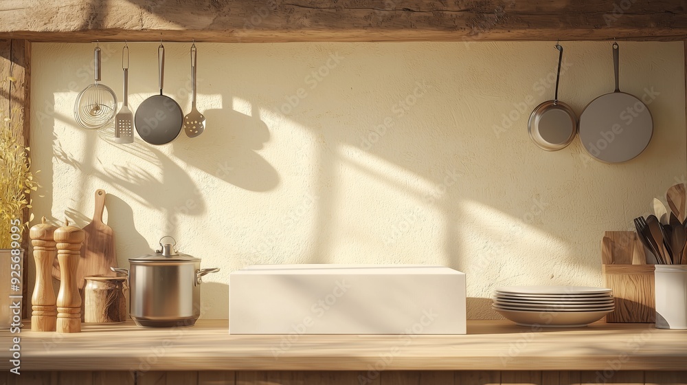 A photo of a 3D podium in a farmhouse kitchen with wooden beams and vintage cookware, isolated on a light soft yellow background A photo of a 3D podium in a farmhouse kitchen with wooden beams and vintage cookware, isolated on a light soft yellow background