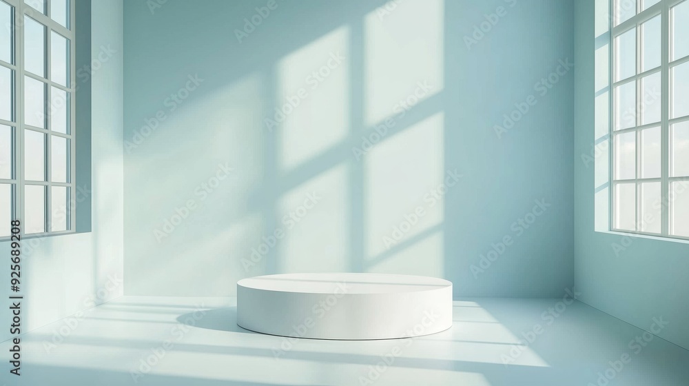 A photo of an empty 3D podium in a spacious kitchen with large windows and natural light, isolated on a light cyan background A photo of an empty 3D podium in a spacious kitchen with large windows and natural light, isolated on a light cyan background