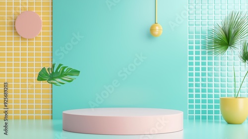 A photo of an empty 3D podium in a vibrant kitchen with colorful tiles and bright decor, isolated on a light turquoise background