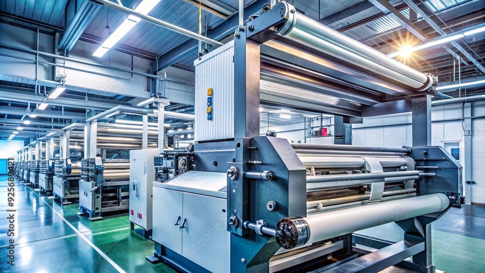 Close up of an offset printing machine in a production facility Close up of an offset printing machine in a production facility