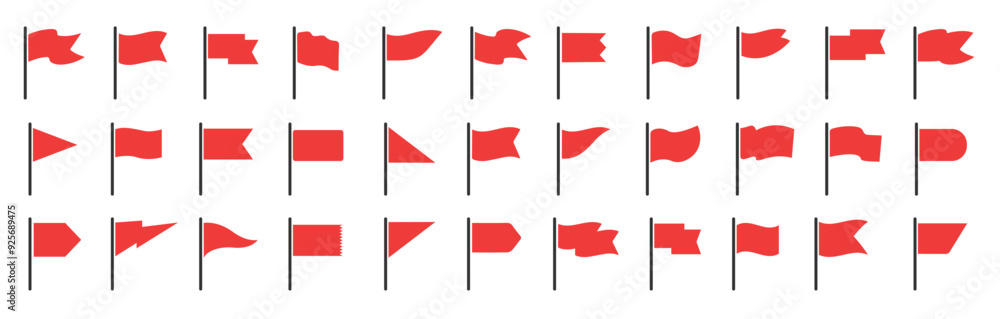 Red flag icon vector set. Start and finish symbols. Map marks for gps point. Concept of pointer, tag and important sign. Red flag icon vector set. Start and finish symbols. Map marks for gps point. Concept of pointer, tag and important sign.