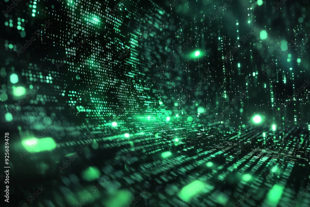 Green Dark Binary Code with Data Streaming Background created with Generative AI Green Dark Binary Code with Data Streaming Background created with Generative AI