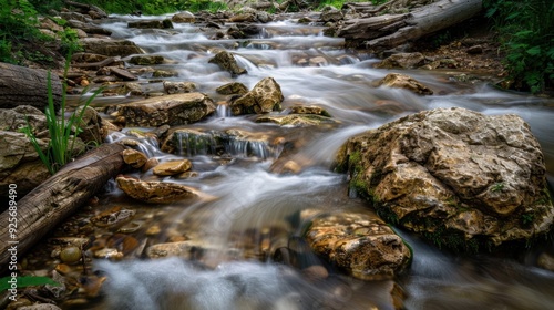 A long-exposure shot of a stream, with the water appearing smooth and silky as it flows over rocks and logs.