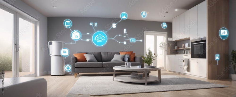 illustrate the concept of the Internet of Things with an image of a smart home, featuring various connected devices and appliances, shot from a low angle with a wide-angle lens illustrate the concept of the Internet of Things with an image of a smart home, featuring various connected devices and appliances, shot from a low angle with a wide-angle lens