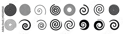 Set of simple spirals. Swirl motion twisting circles design element set isolated vector icons.