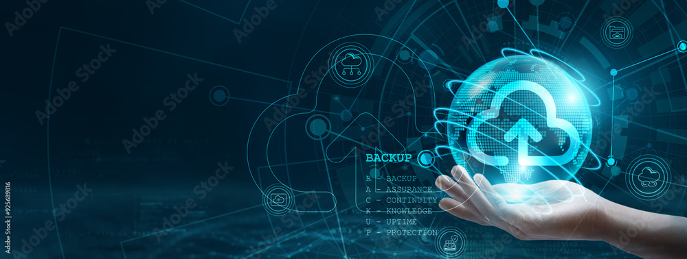 Backup. Hand holding a globe with a network connecting data. Backup of digital technology, ensuring secure and reliable storage, safeguarding crucial information against loss or damage. Backup. Hand holding a globe with a network connecting data. Backup of digital technology, ensuring secure and reliable storage, safeguarding crucial information against loss or damage.