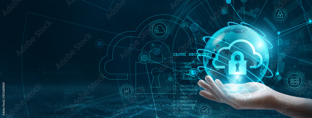 Naklejka premium Cloud security. Hand holding a globe with a network connecting data. The concept of digital technology, including cloud security, has become increasingly important in today’s world.