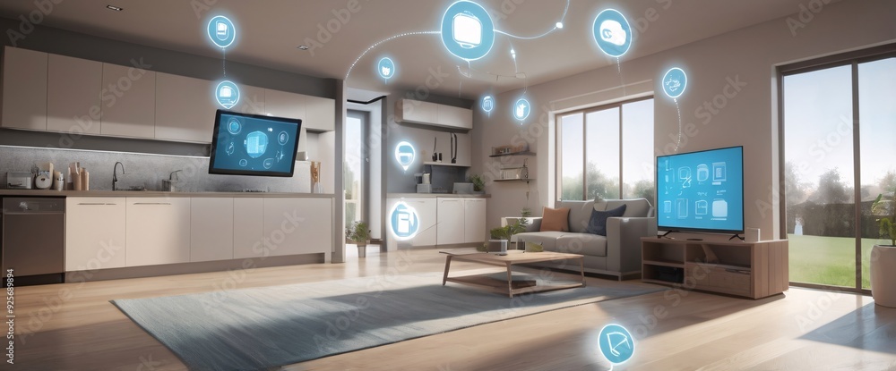 illustrate the concept of the Internet of Things with an image of a smart home, featuring various connected devices and appliances, shot from a low angle with a wide-angle lens illustrate the concept of the Internet of Things with an image of a smart home, featuring various connected devices and appliances, shot from a low angle with a wide-angle lens