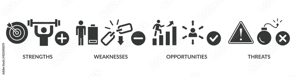 SWOT banner web icon vector illustration concept for strengths, weaknesses, threats and opportunities analysis with an icon of value, goal, break chain, low battery, growth, check, minus, and crisis SWOT banner web icon vector illustration concept for strengths, weaknesses, threats and opportunities analysis with an icon of value, goal, break chain, low battery, growth, check, minus, and crisis